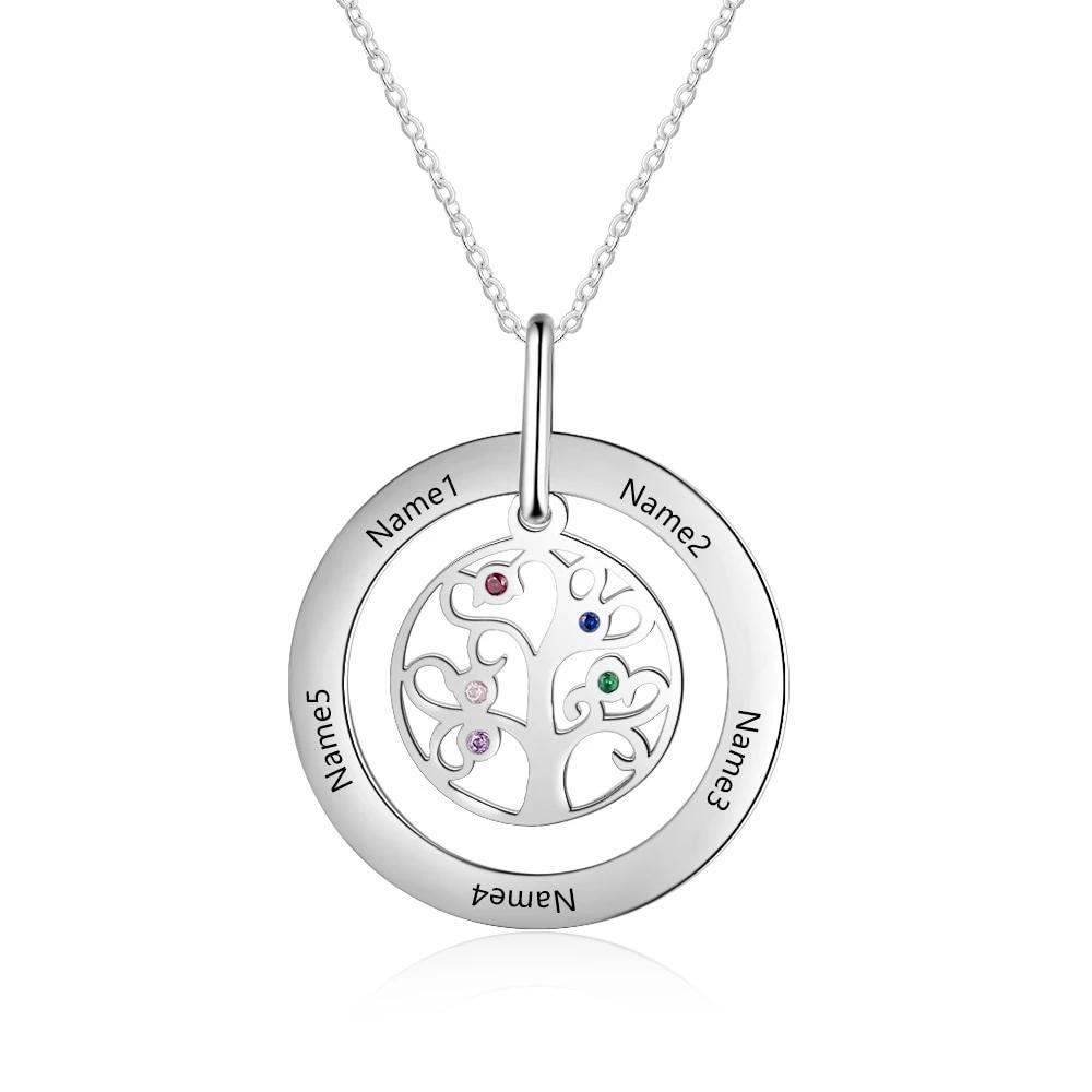 Personalized Tree of Life Necklace - Stainless Steel - Five Custom Names - Five Custom Birthstones - Customized Gifts-Customized Jewel