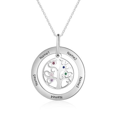 Personalized Tree of Life Necklace - Stainless Steel - Five Custom Names - Five Custom Birthstones - Customized Gifts-Customized Jewel