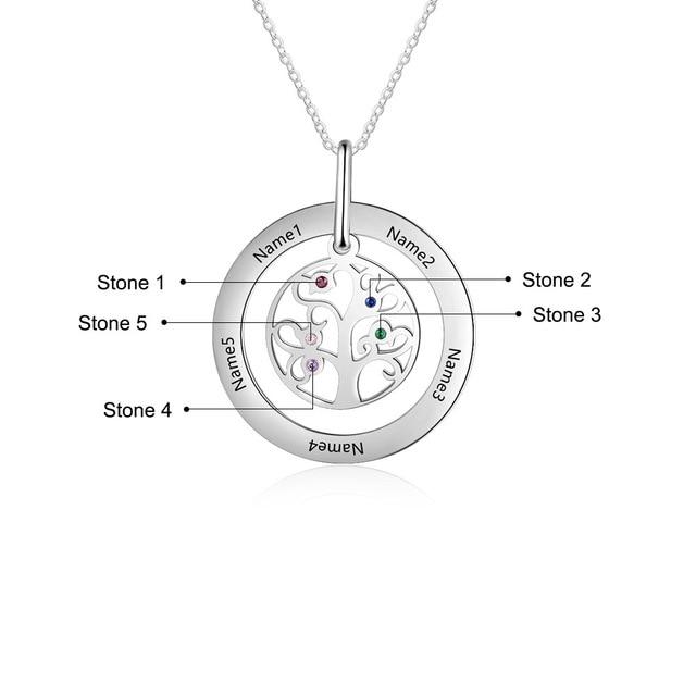 Personalized Tree of Life Necklace - Stainless Steel - Five Custom Names - Five Custom Birthstones - Customized Gifts-Customized Jewel