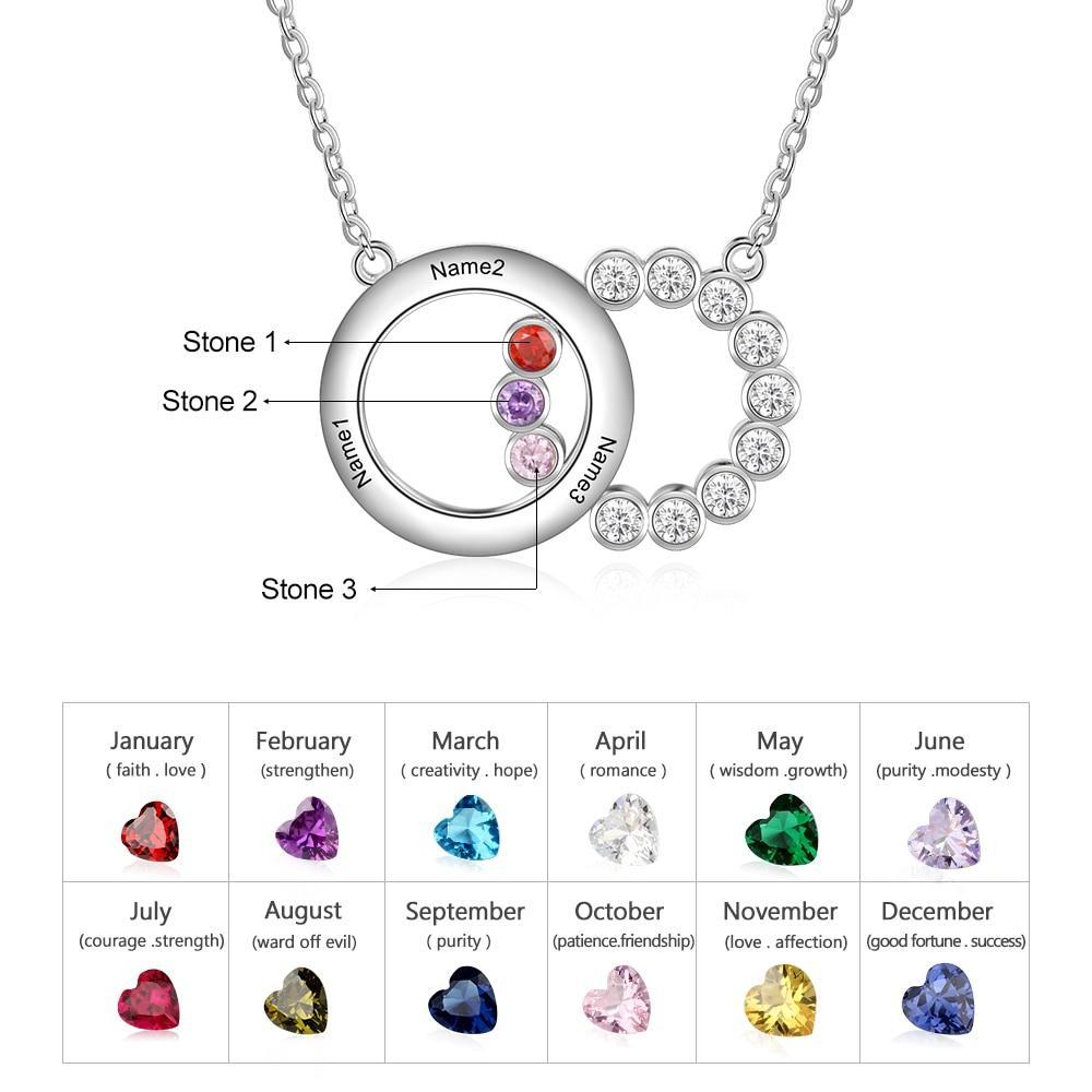 Personalized Women’s 925 Sterling Silver Family Necklace with 3 Names Circle & Custom Birthstones Pendant, Classic Jewelry for Mother-Customized Jewel