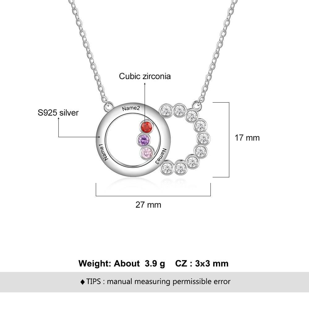 Personalized Women’s 925 Sterling Silver Family Necklace with 3 Names Circle & Custom Birthstones Pendant, Classic Jewelry for Mother-Customized Jewel
