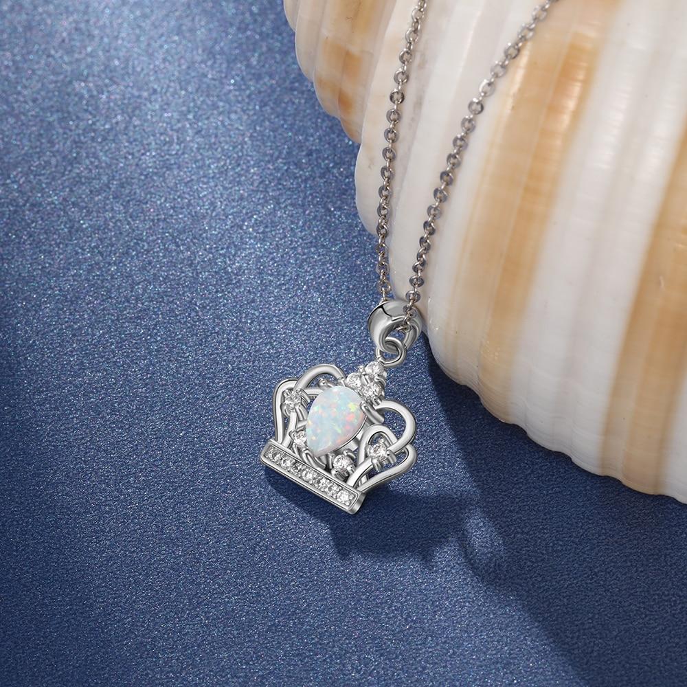 Elegant 925 Sterling Silver Crown Necklace with White Opal Pendant, Jewelry Gift for Women-Customized Jewel