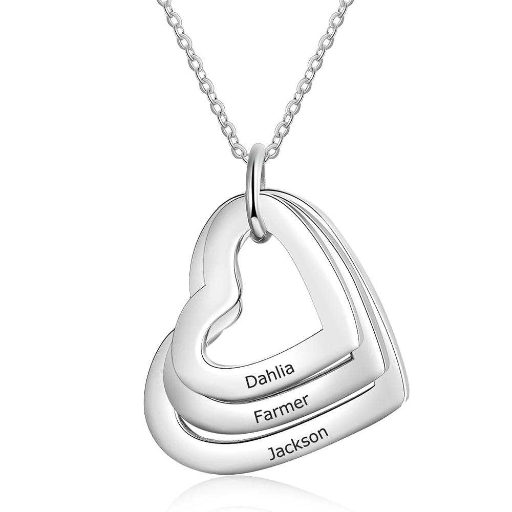 Personalized Stainless Steel Triple Heart 3 Names Engraved Necklace, Fashion Jewelry Gift for Women-Customized Jewel