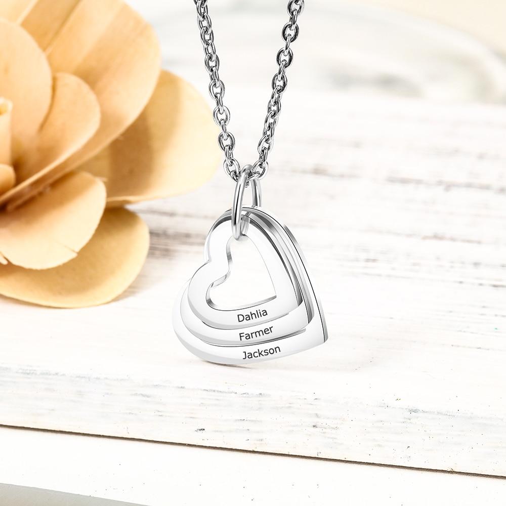 Personalized Stainless Steel Triple Heart 3 Names Engraved Necklace, Fashion Jewelry Gift for Women-Customized Jewel