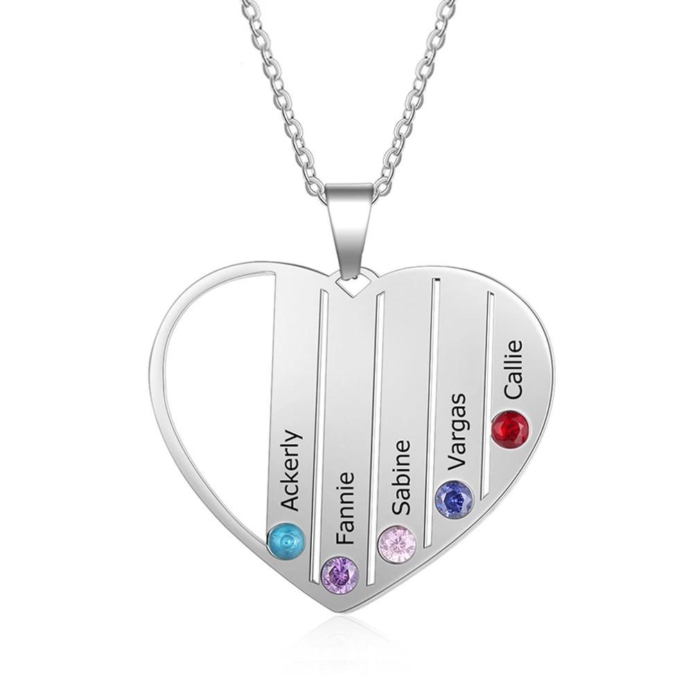 Personalized Stainless Steel Jewelry - Heart-Shaped Pendant - Engrave Five Custom Names & Add Birthstones - Three Metal Color - Customized Gifts-Customized Jewel