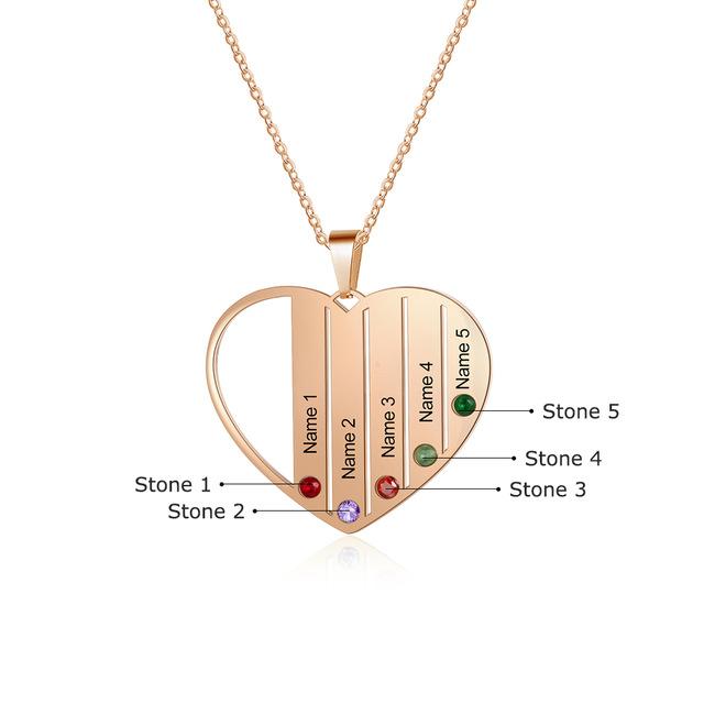 Personalized Stainless Steel Jewelry - Heart-Shaped Pendant - Engrave Five Custom Names & Add Birthstones - Three Metal Color - Customized Gifts-Customized Jewel