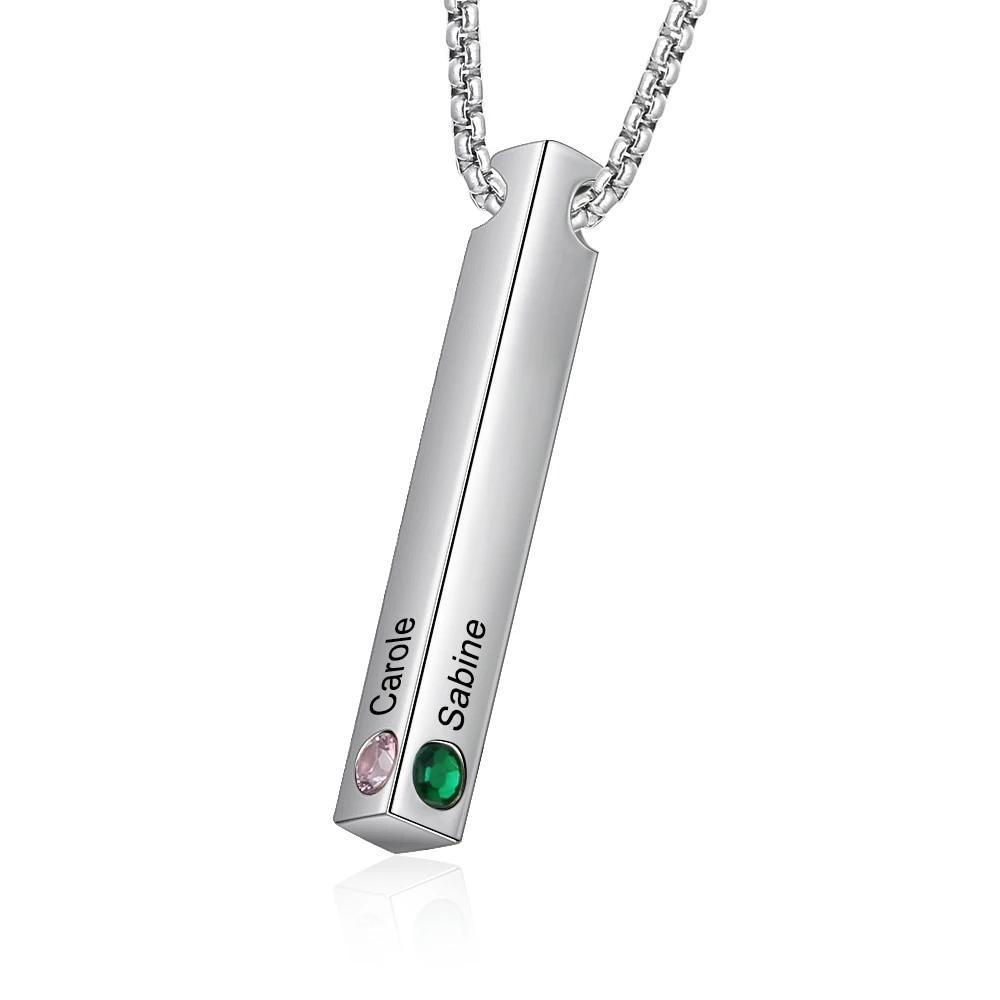 Personalized Stainless Steel Custom Name Bar Necklace, Engrave Name & Custom 4 Sides Birthstone Vertical Bar Pendant-Customized Jewel
