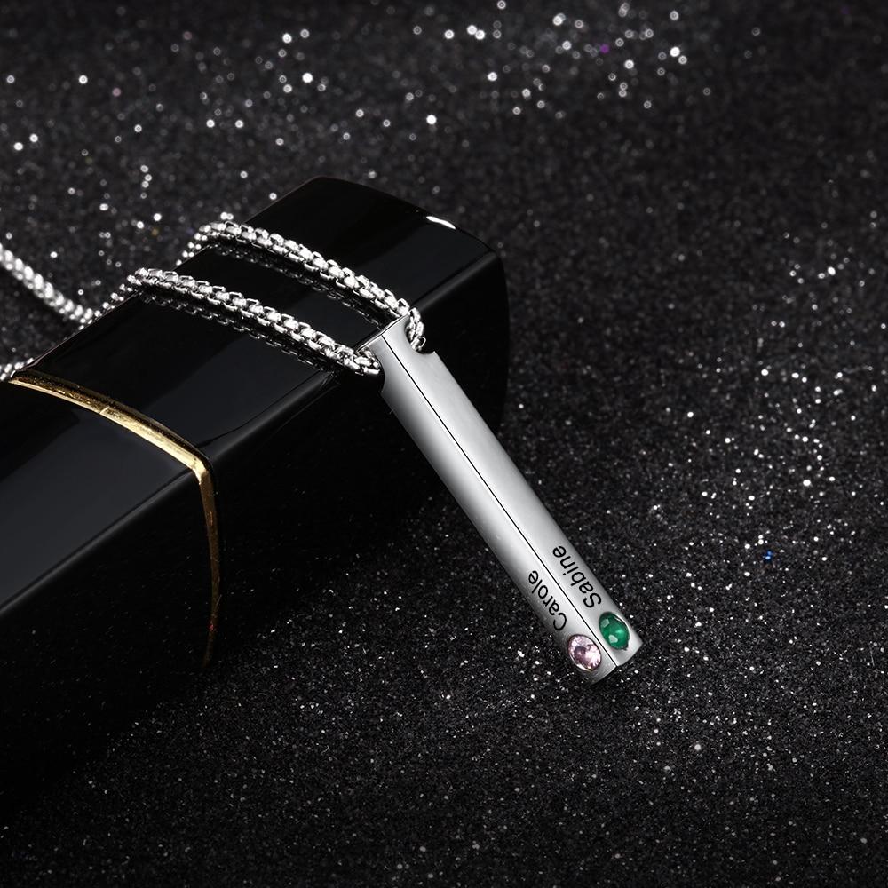 Personalized Stainless Steel Custom Name Bar Necklace, Engrave Name & Custom 4 Sides Birthstone Vertical Bar Pendant-Customized Jewel
