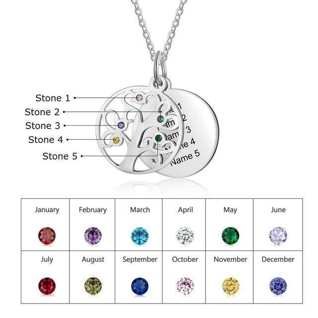 Personalized Stainless Steel Necklace - Engraved Five Custom Names & Birthstones - Family Tree Pendant-Customized Jewel