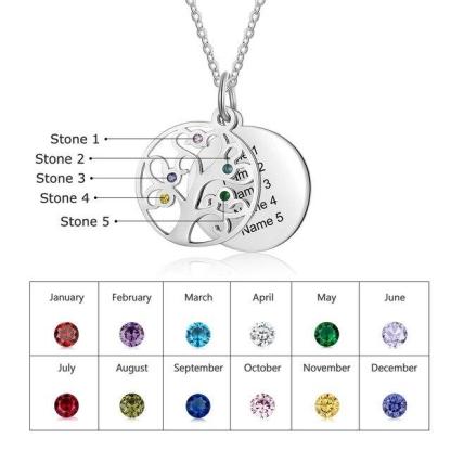 Personalized Stainless Steel Necklace - Engraved Five Custom Names & Birthstones - Family Tree Pendant-Customized Jewel