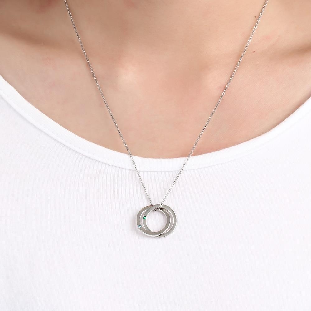 Personalized Stainless Steel Double Circles Necklace with Custom Name Engraved & Birthstone Pendant, Couple Gift Necklace-Customized Jewel