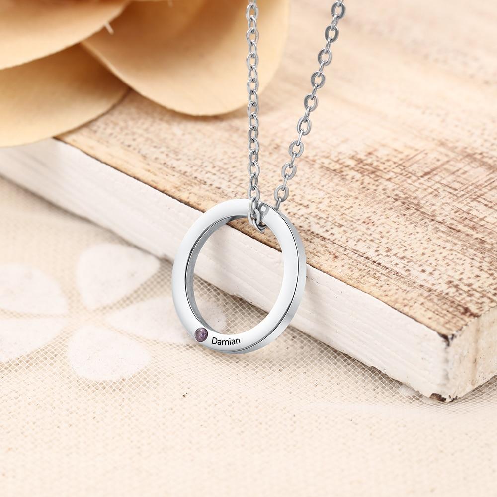 Personalized Stainless Steel Circle Pendant Necklace with Name Engraved & Custom Birthstone, Gift Jewelry for Women-Customized Jewel