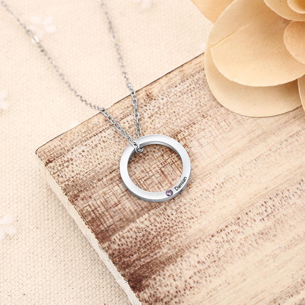 Personalized Stainless Steel Circle Pendant Necklace with Name Engraved & Custom Birthstone, Gift Jewelry for Women-Customized Jewel