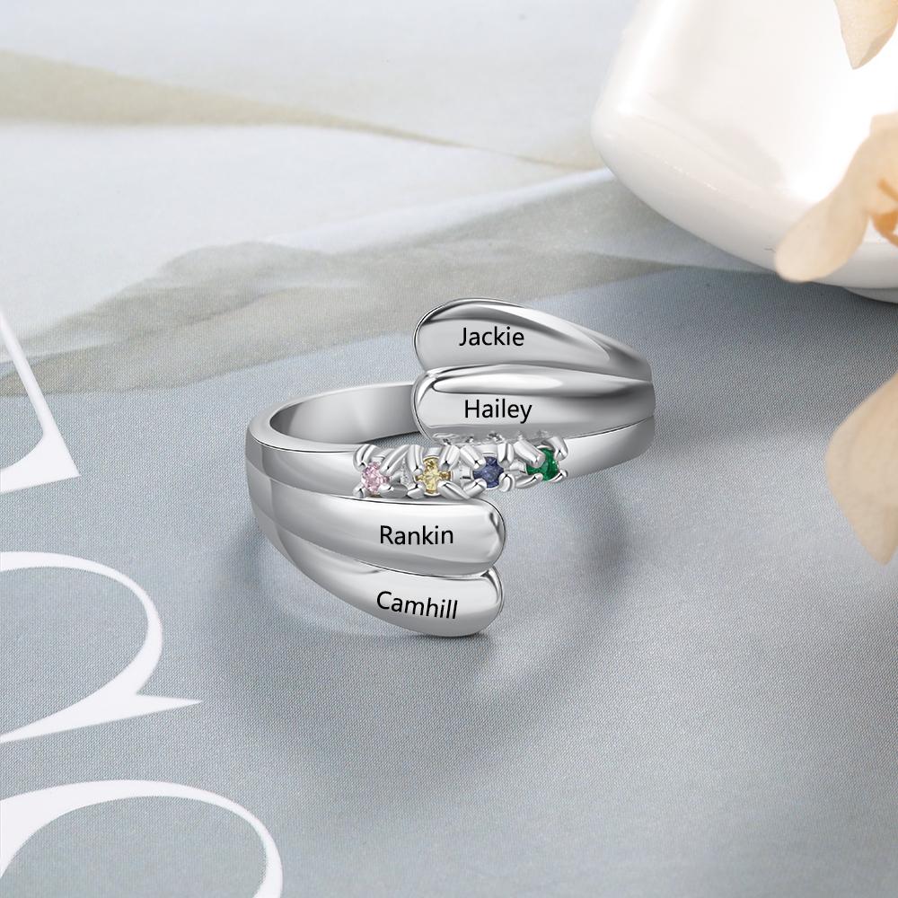 Personalized Name Ring with 4 Birthstones 925 Sterling Silver Mother Ring Customized Family Gift for Women-Customized Jewel