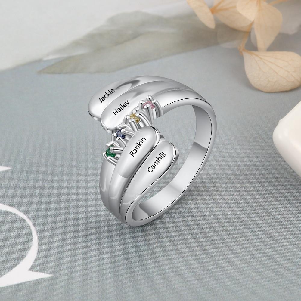 Personalized Name Ring with 4 Birthstones 925 Sterling Silver Mother Ring Customized Family Gift for Women-Customized Jewel