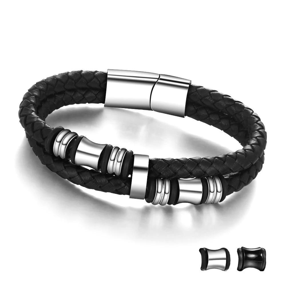 Stainless Steel Bracelet Men Black Leather Bracelets & Bangle Man Jewelry Accessories Bracelet Gifts for Men-Customized Jewel