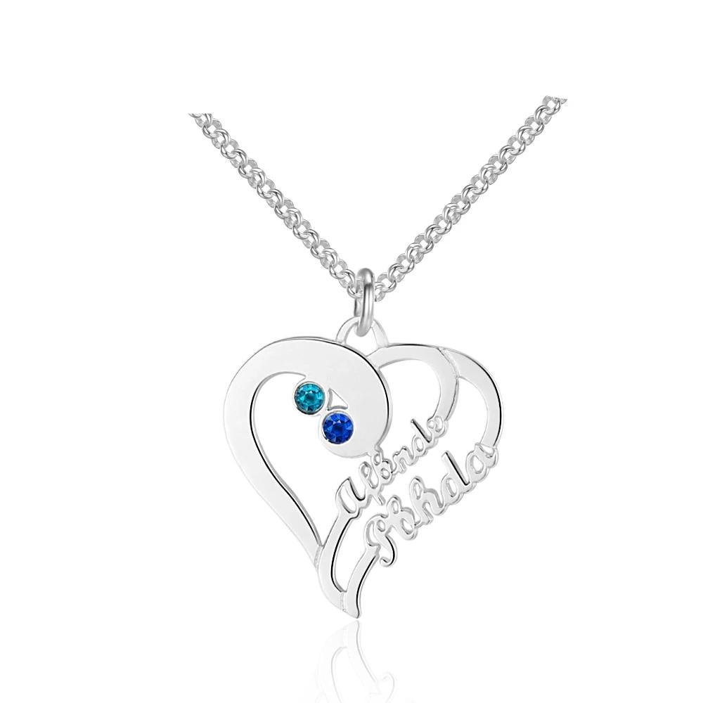 Personalized 925 Sterling Silver Double Heart Name Engraved & Custom Birthstone Pendant Necklace, Fashion Necklace for Women-Customized Jewel