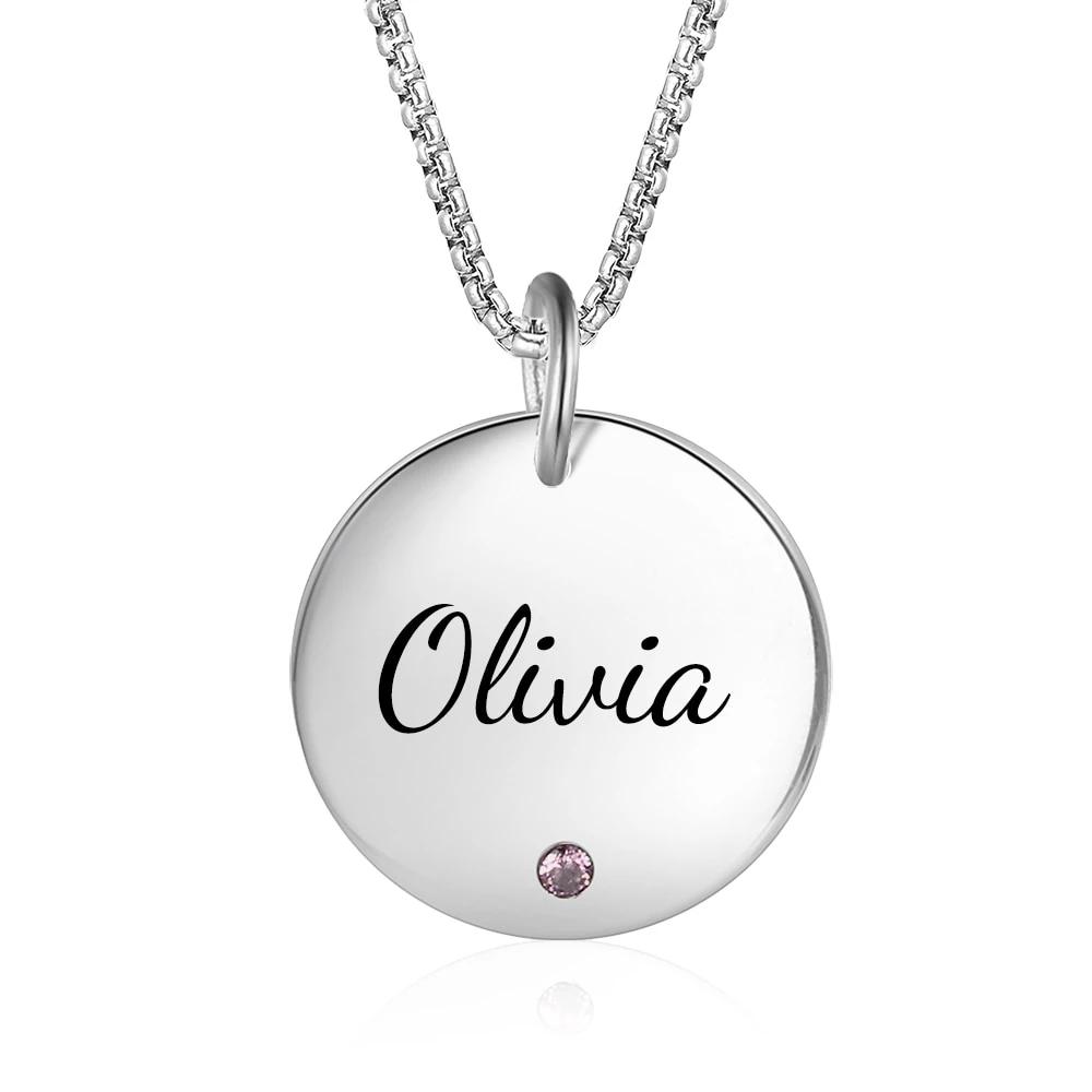 Round Stainless Steel Personalized Necklace for Women with Birthstone & Custom Name Pendant-Customized Jewel
