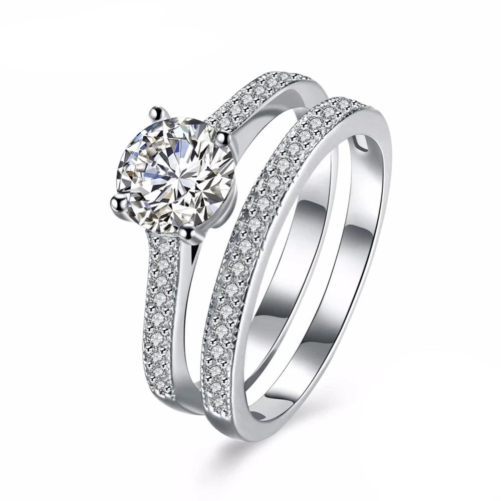 Engagement Ring Set - Sterling Silver Ring Bands with Cubic Zirconia Stones - Wedding Band rings-Customized Jewel