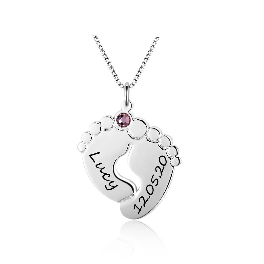 Personalized 925 Sterling Silver Baby Feet Customized Birthstone Name Engraved Pendant Necklace Jewelry Gift-Customized Jewel