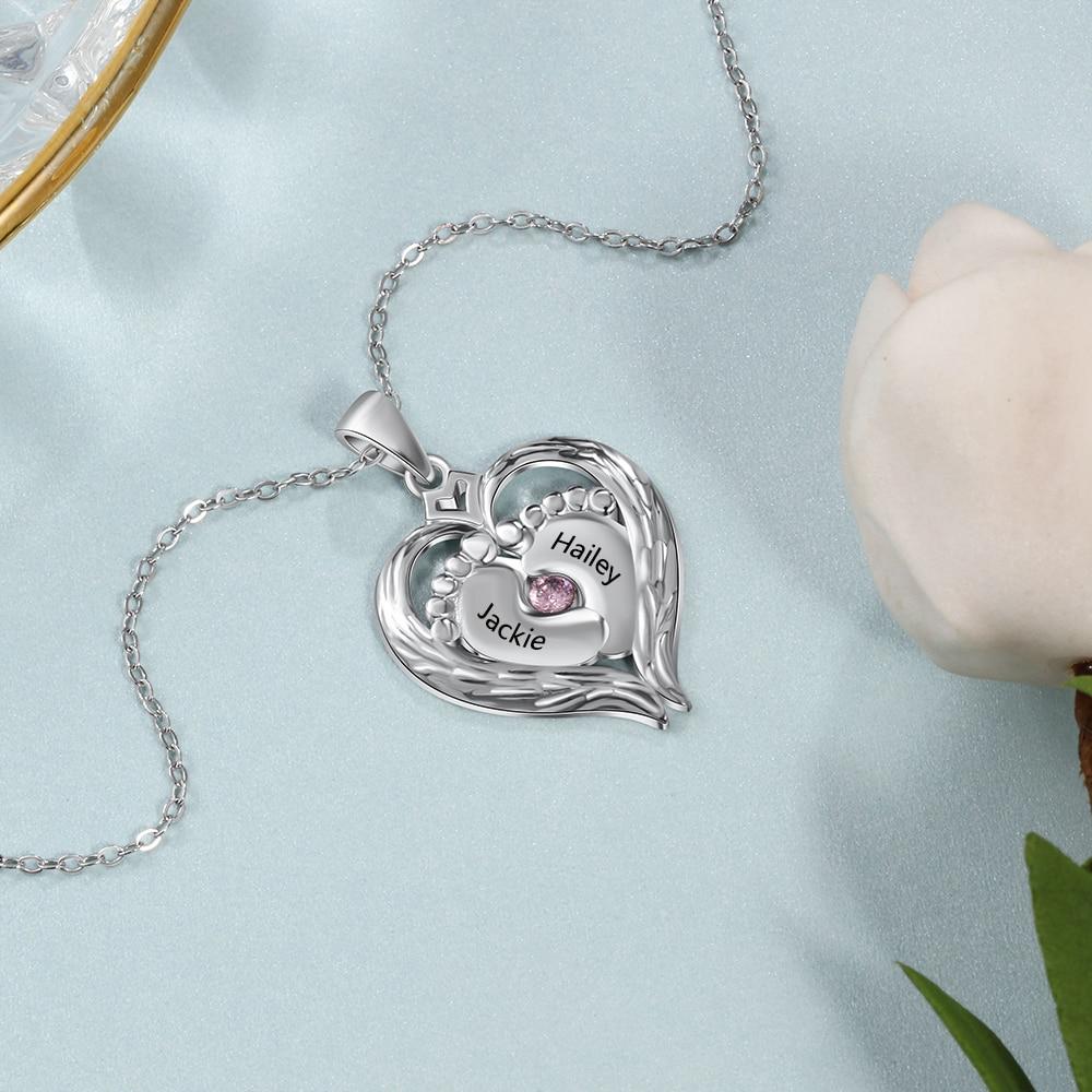 Personalized 925 Sterling Silver Necklace - Heart Shaped Baby Feet Pendant - Engrave Two Custom Names - One Birthstone-Customized Jewel