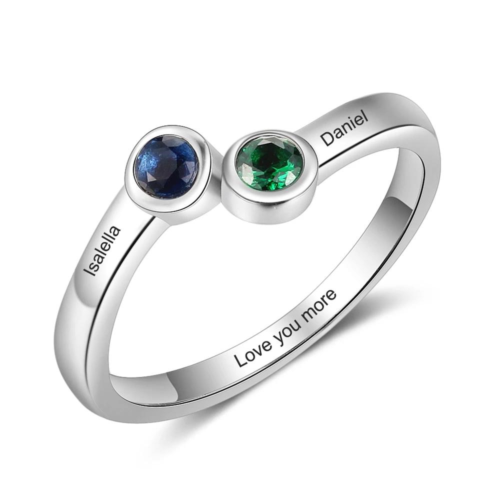 Personalized 2 Name 925 Sterling Silver Rings for Women Inside Engraving Round Birthstone Ring Anniversary Fine Jewelry-Customized Jewel
