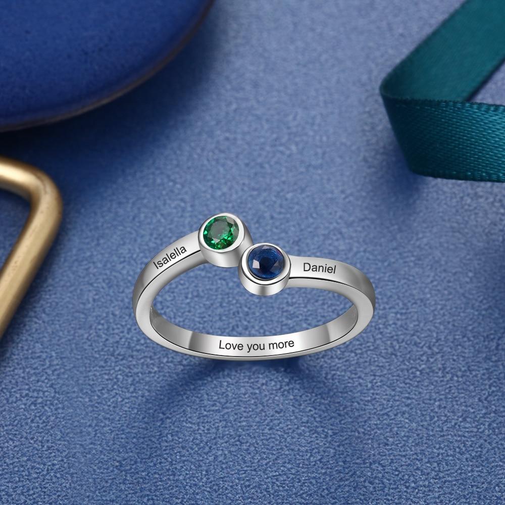Personalized 2 Name 925 Sterling Silver Rings for Women Inside Engraving Round Birthstone Ring Anniversary Fine Jewelry-Customized Jewel