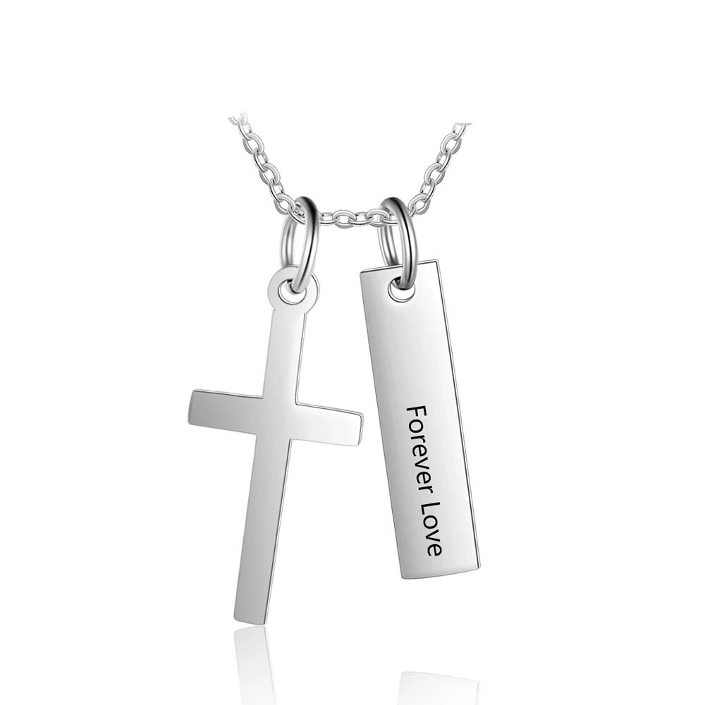Personalized Stainless Steel Customized Cross & Name Engraved Vertical Bar Pendant Necklace, Trendy Jewelry Gift-Customized Jewel