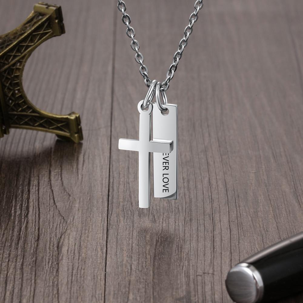 Personalized Stainless Steel Customized Cross & Name Engraved Vertical Bar Pendant Necklace, Trendy Jewelry Gift-Customized Jewel