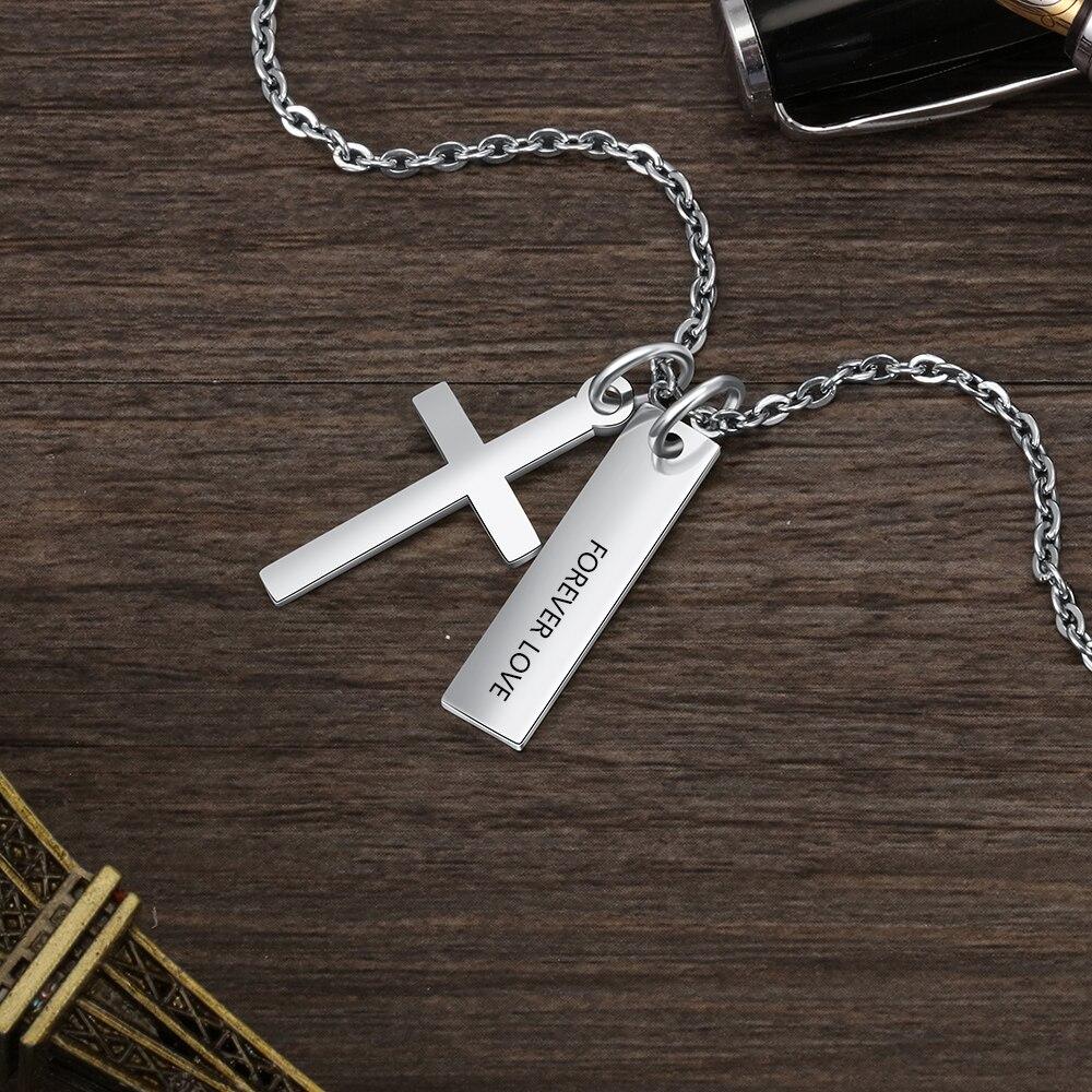 Personalized Stainless Steel Customized Cross & Name Engraved Vertical Bar Pendant Necklace, Trendy Jewelry Gift-Customized Jewel