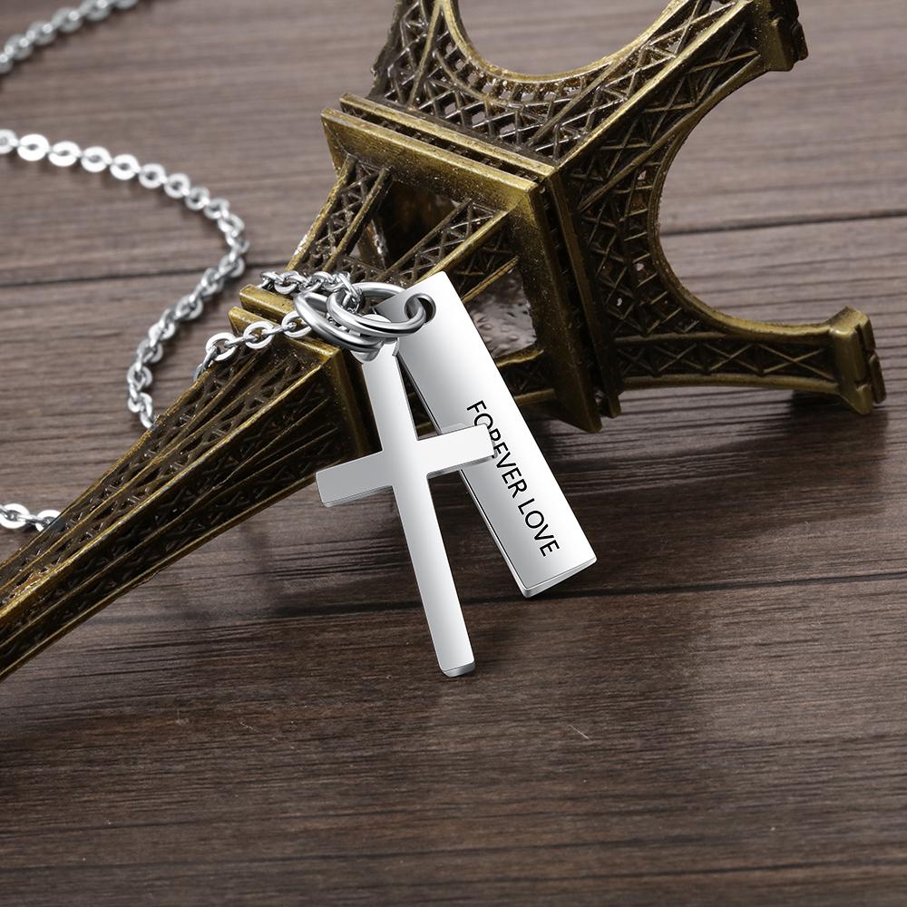 Personalized Stainless Steel Customized Cross & Name Engraved Vertical Bar Pendant Necklace, Trendy Jewelry Gift-Customized Jewel