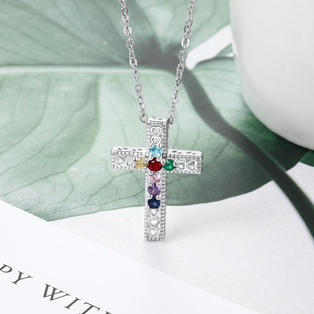 Personalized Necklace & Pendants Jewelry - Seven Custom Birthstones - Holy Cross Shape Pendants - Christmas Gift-Customized Jewel