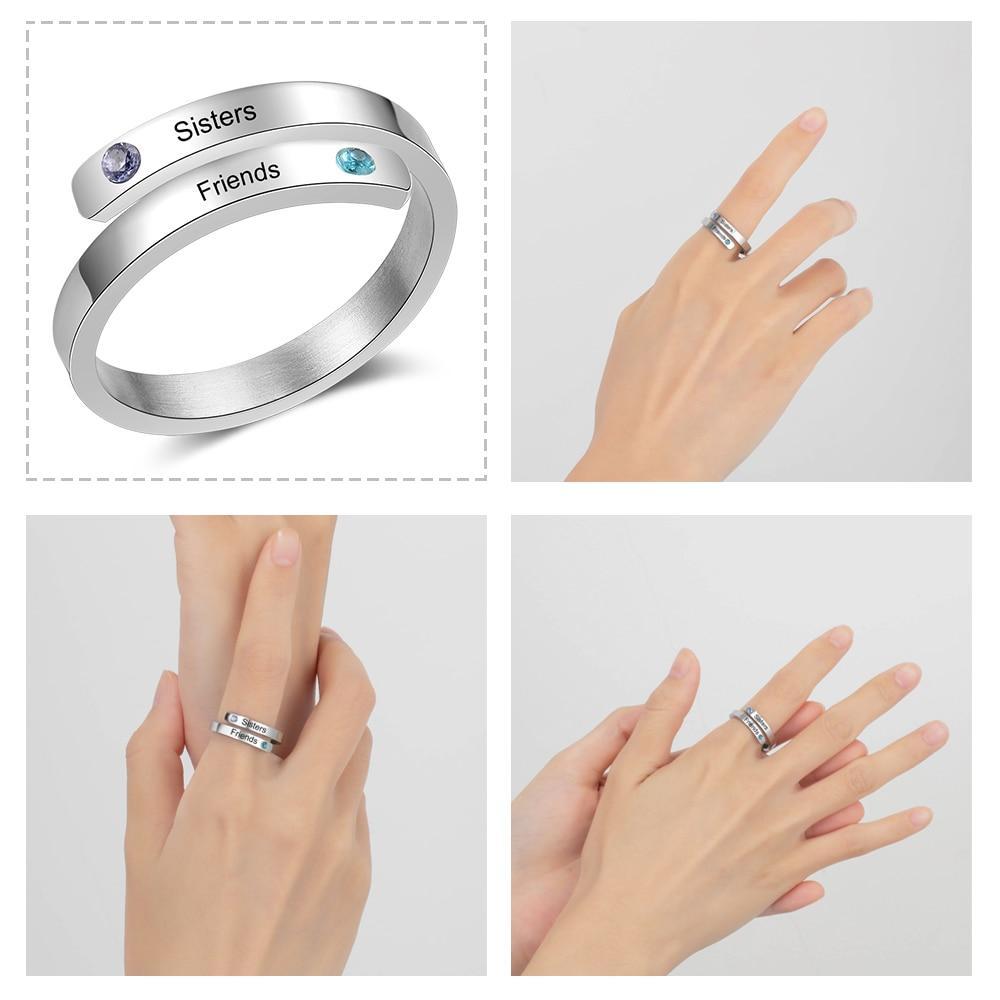 Personalized Couple Wrap Ring - Two Custom Names - Two Custom Birthstone - Engraved Rings-Customized Jewel