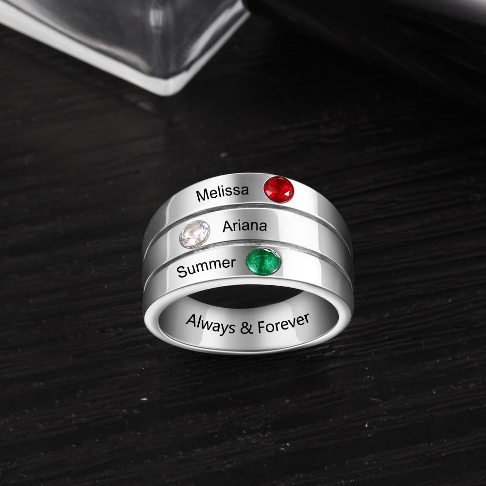 Unisex Personalized Stackable Ring, Engrave Three Custom Name & Birthstones, Best for BFF, Family & Siblings-Customized Jewel