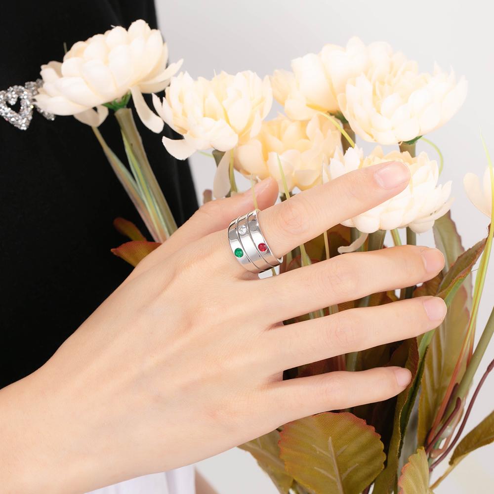 Personalized 3 Birthstones Custom Engraved Name Stackable Rings, Fashion Jewelry Gift for Women-Customized Jewel