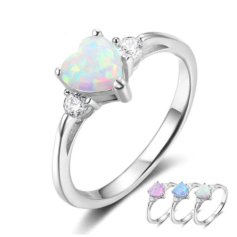 925 Sterling Silver Romantic Wedding Rings for Women – Pink/Blue/White Heart-Shaped Fire Opal – Trendy CZ Jewelry-Customized Jewel