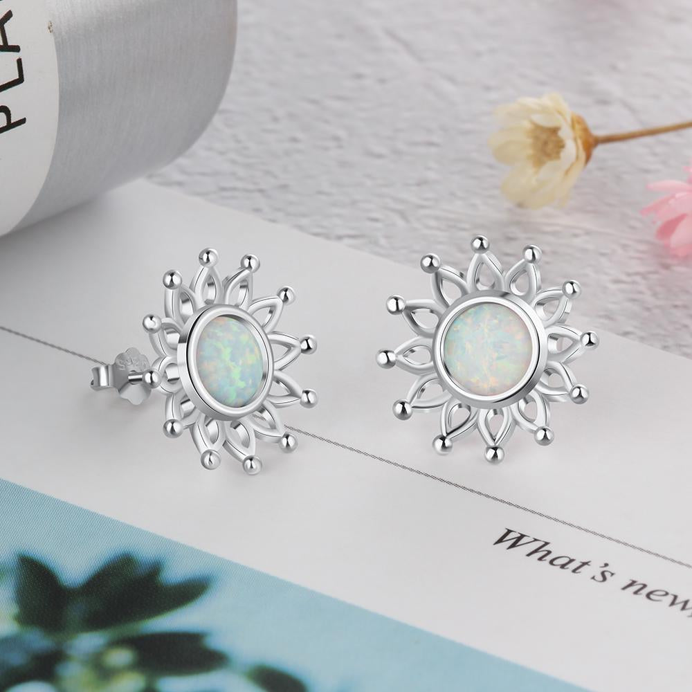 Sun Flower Shape Milky Opal Stone 925 Sterling Silver Stud Earring Fashion Women Earrings Gift For Her-Customized Jewel