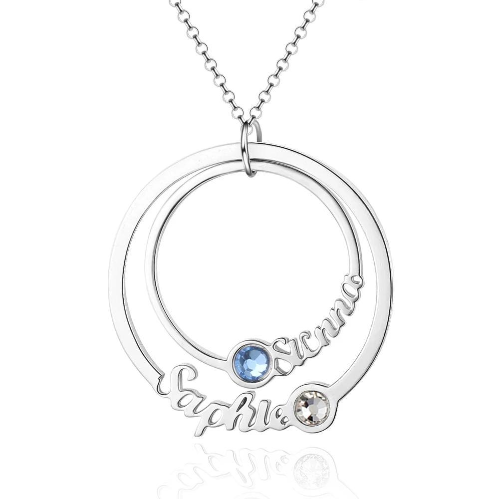 Personalized Sterling Silver Necklace - Two Custom Names & Birthstones - Double Circle Pendant Necklace-Customized Jewel