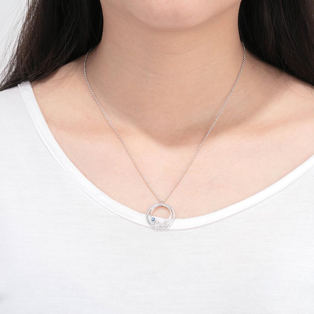 Personalized Sterling Silver Necklace - Two Custom Names & Birthstones - Double Circle Pendant Necklace-Customized Jewel