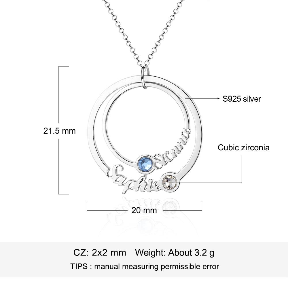 Personalized Sterling Silver Necklace - Two Custom Names & Birthstones - Double Circle Pendant Necklace-Customized Jewel