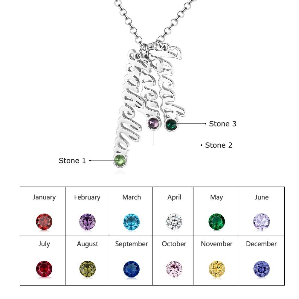Personalized Sterling Silver Vertical Nameplate Necklace, Customizable 3 Birthstone Pendant, Classic Gift for Mom-Customized Jewel