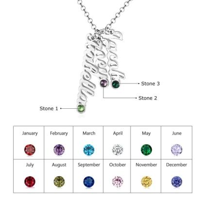 Personalized Sterling Silver Vertical Nameplate Necklace, Customizable 3 Birthstone Pendant, Classic Gift for Mom-Customized Jewel
