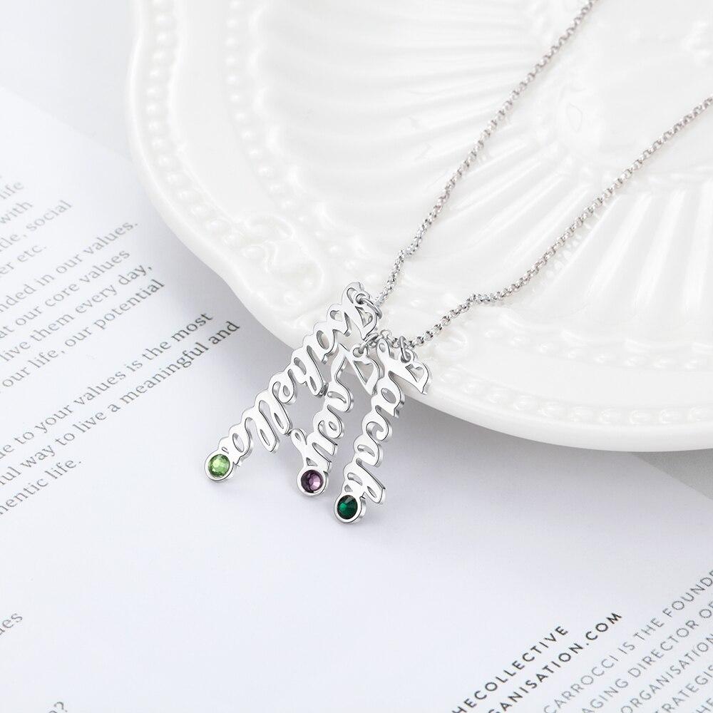 Personalized Sterling Silver Vertical Nameplate Necklace, Customizable 3 Birthstone Pendant, Classic Gift for Mom-Customized Jewel