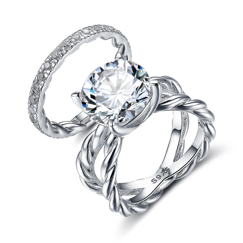 925 Sterling Silver Open Rope & Band Ring Set with 12mm 6.5 CT Round Cubic Zirconia Stone, Jewelry Gift For Women-Customized Jewel