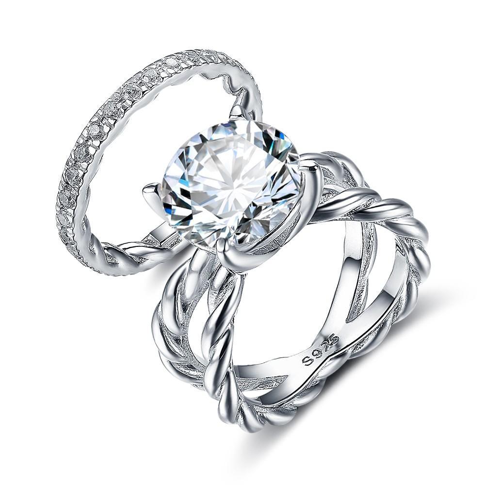 925 Sterling Silver Open Rope & Band Ring Set with 12mm 6.5 CT Round Cubic Zirconia Stone, Jewelry Gift For Women-Customized Jewel