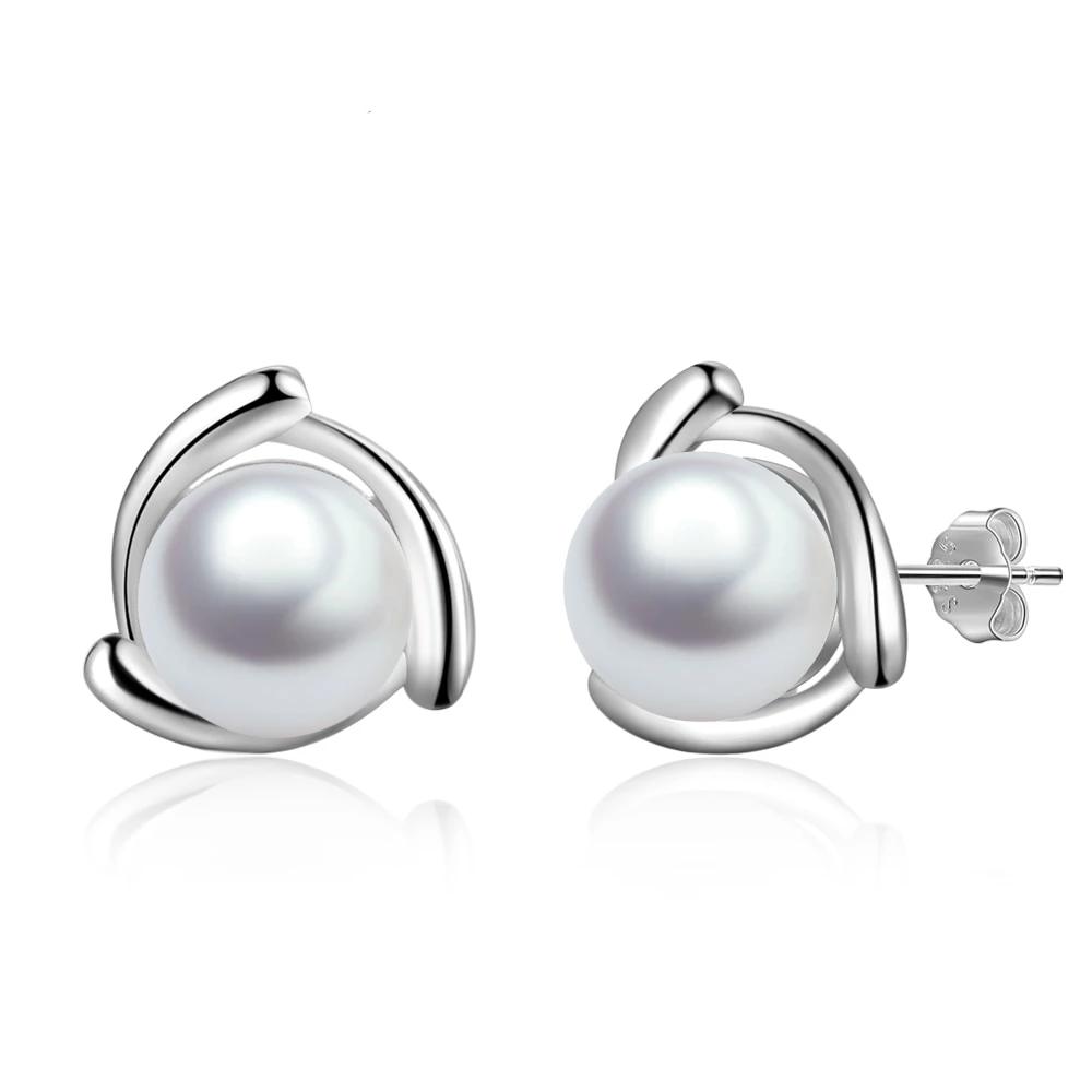Geometric Style 925 Sterling Silver Pearl Stud Earrings for Women Silver 925 Jewelry Elegant Gift for Mother-Customized Jewel