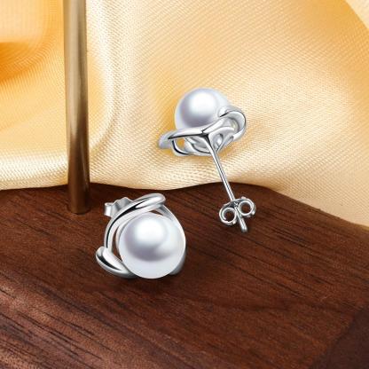 Geometric Style 925 Sterling Silver Pearl Stud Earrings for Women Silver 925 Jewelry Elegant Gift for Mother-Customized Jewel