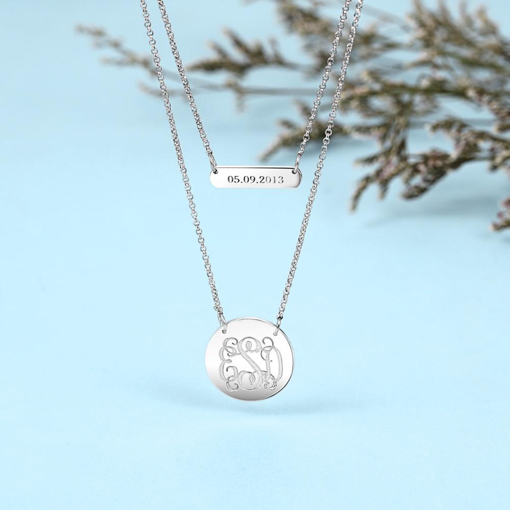 Personalized 925 Sterling Silver Monogram Custom Name & Date Double Chain Necklaces, Gift for Women-Customized Jewel