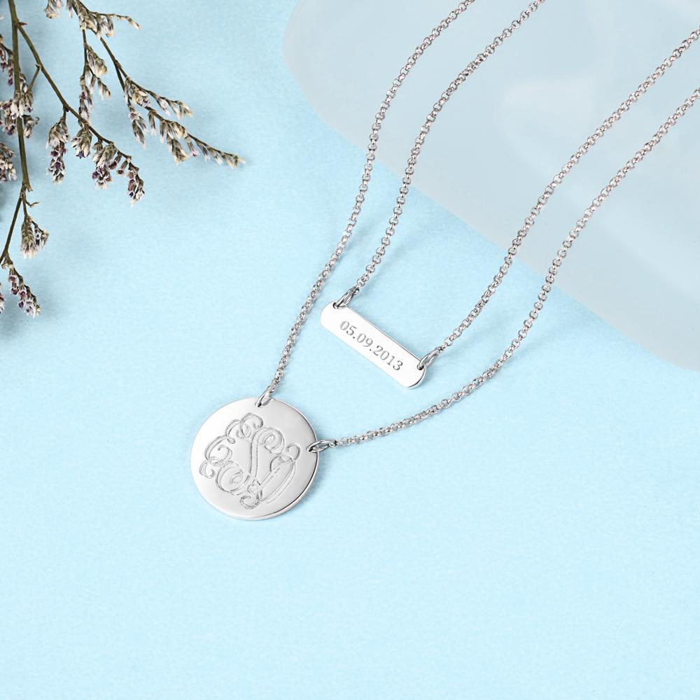 Personalized 925 Sterling Silver Monogram Custom Name & Date Double Chain Necklaces, Gift for Women-Customized Jewel