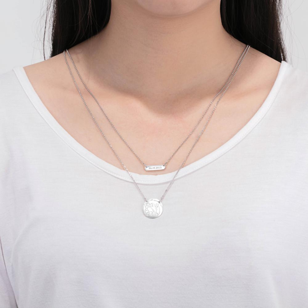 Personalized 925 Sterling Silver Monogram Custom Name & Date Double Chain Necklaces, Gift for Women-Customized Jewel